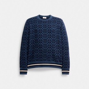 Férfi COACH® Signature Crewneck Pulóver Sötétkék | HUMQI178