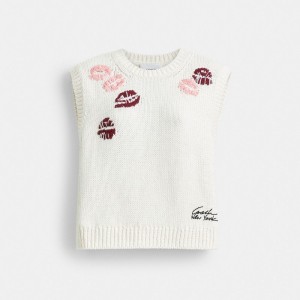 Női COACH® Buy Now Lip Print Vest Pulóver Krém Színes | HUAHU474