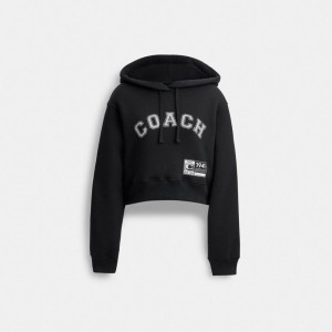 Női COACH® Embellished Varsity Cropped Kapucnis Pulóver Fekete | HUILY419