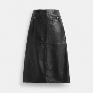 Női COACH® Heritage C Long Leather Szoknya Fekete | HURVM467