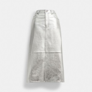 Női COACH® Leather Long In Metallic Szoknya Titán | HUTCQ468