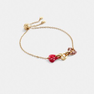 Női COACH® Pavé Hearts Chain Link Slider Karkötő Arany Rózsaszín Színes | HUAHT526
